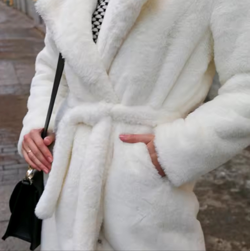Luxury Winter Long Overcoats Women Oversized Lapel Belted Faux Rabbit Fur Coat - Picture 2 of 16
